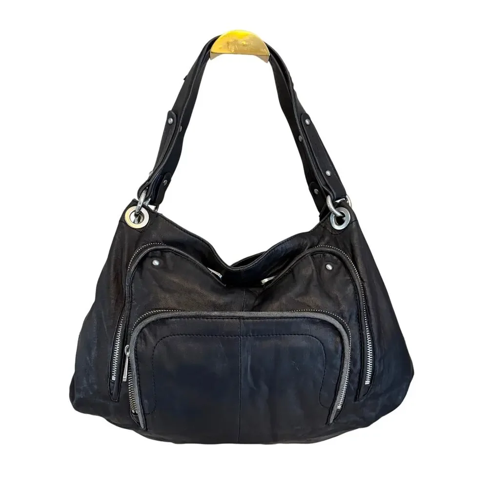 Perlina Hobo Shoulder Bag OS Black Leather Multi Pocket Shoulder Purse Slouchy